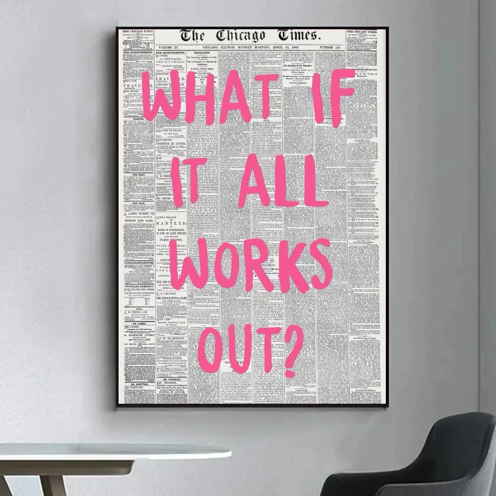 Pink newspaper quote poster for stylish wall decoration in cafes and living rooms.
