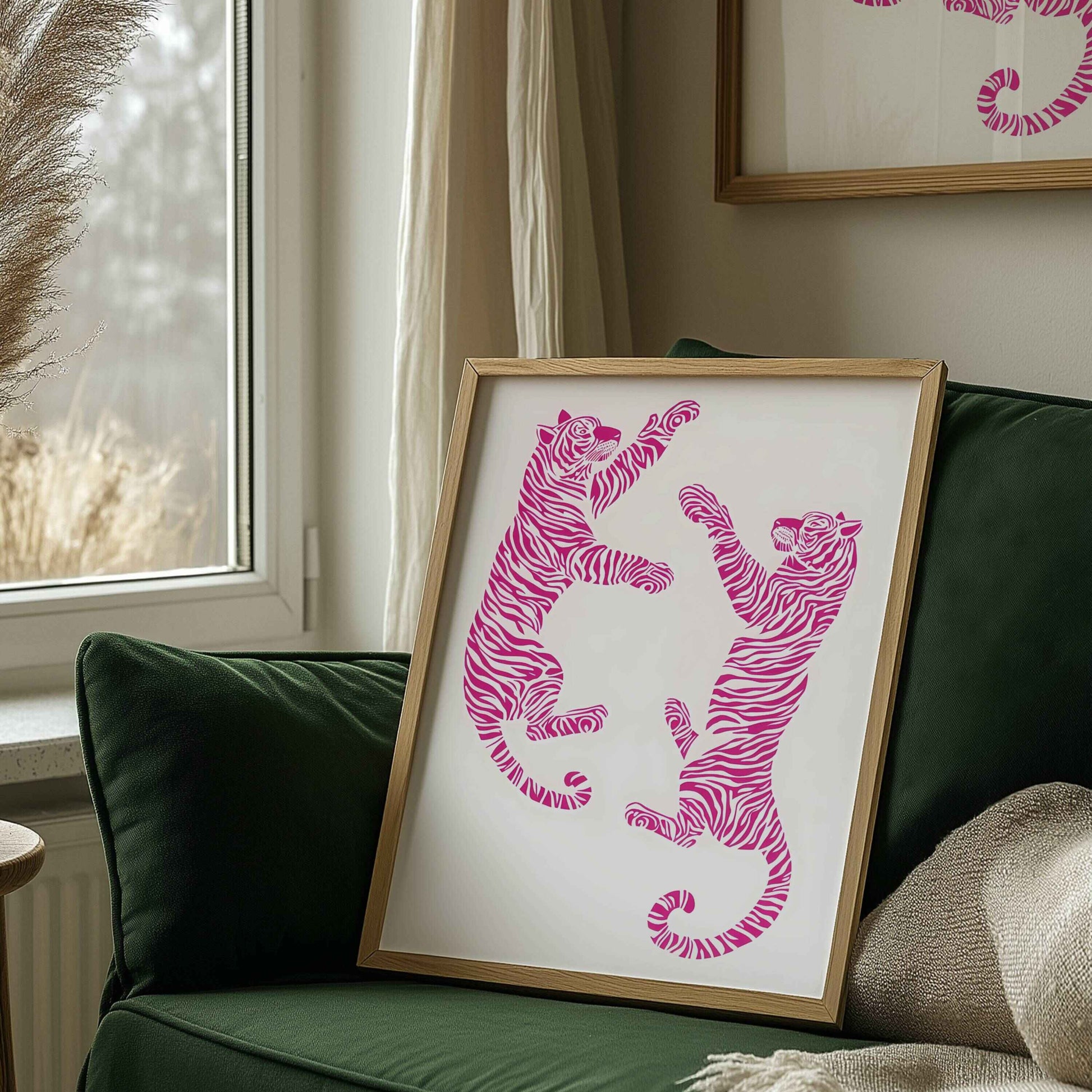 Pink retro tiger print for creative room decoration, vintage animal-themed prints, and modern decor pieces.	