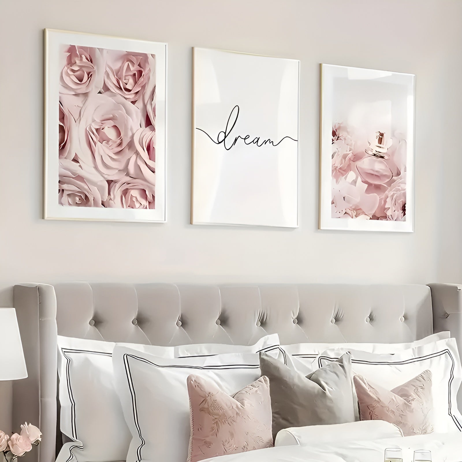 Pink trendy canvas poster set featuring romantic modern art for bedroom decor
