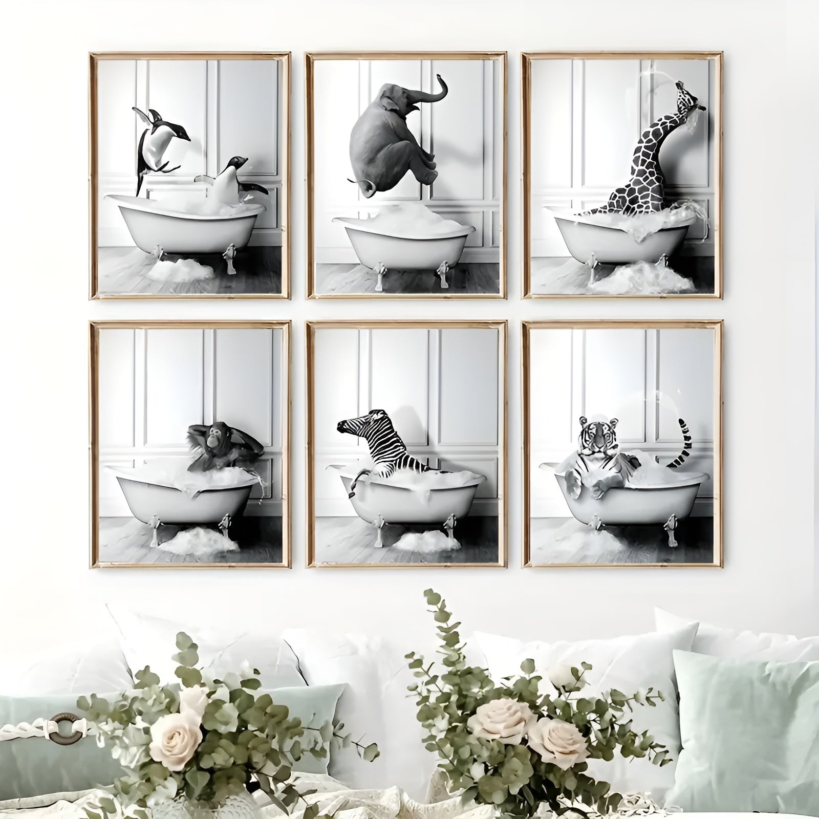 Animal-themed black and white canvas posters for playful home decoration
