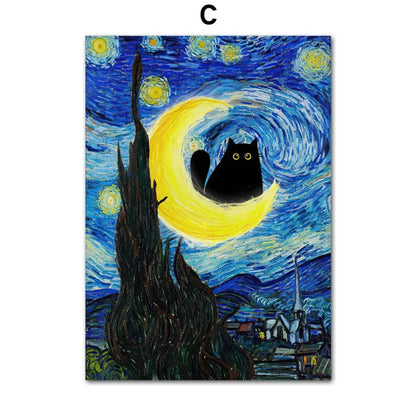 Playful black cat canvas print with Van Gogh sunflowers and Matisse Monet art style
