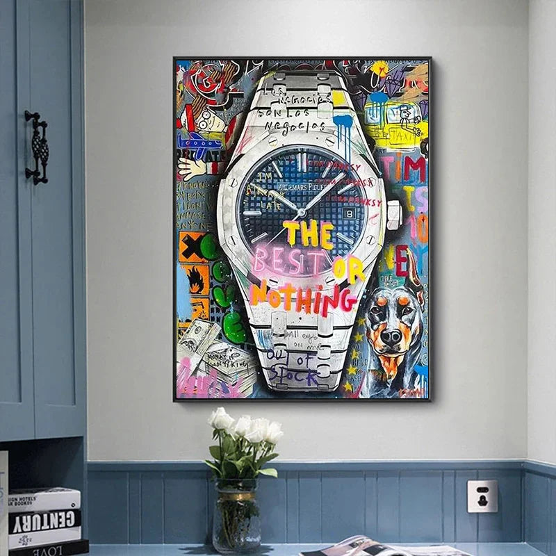 Colorful watch street mural canvas painting for trendy wall decor
