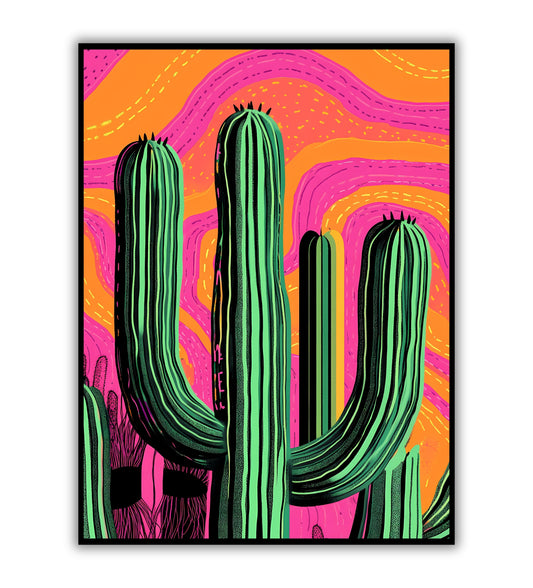 Psychedelic cactus poster for bold wall art, vibrant home decor, and unique room prints.