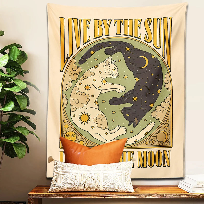 Psychedelic sun moon cat tapestry for home and dorm room

