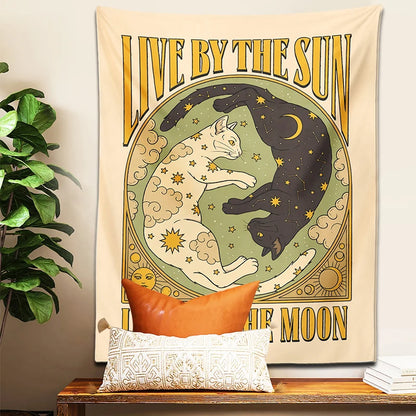 Psychedelic sun moon cat tapestry for home and dorm room

