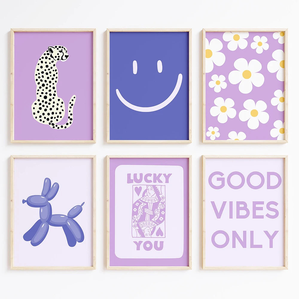 Purple preppy aesthetic gallery wall prints for dorm room decor

