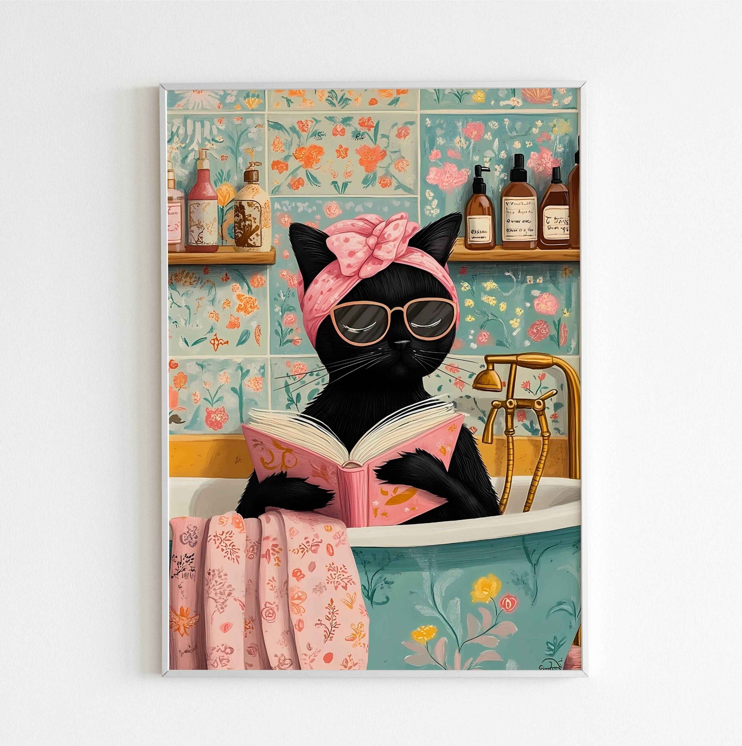 Vintage bathroom cat wall art print for quirky bathroom spaces or cat lover gift ideas
