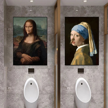 Quirky Mona Lisa toilet decor canvas print for bathroom walls
