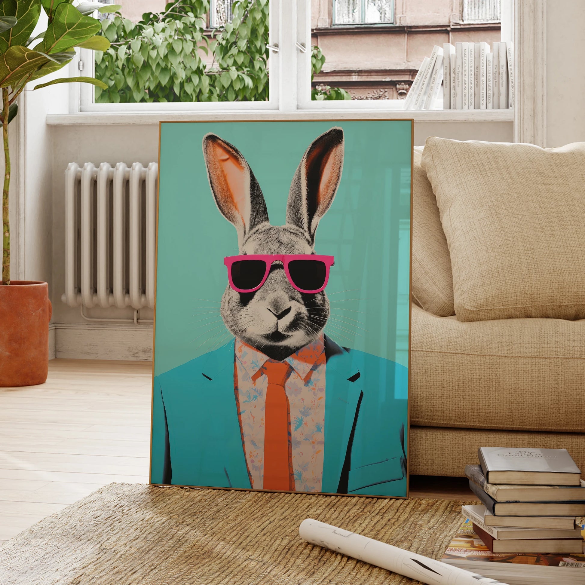 Funky rabbit animal portrait canvas painting in aluminum frame

