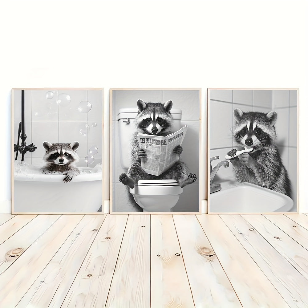 Raccoon portrait canvas posters set minimalistic black and white aesthetic
