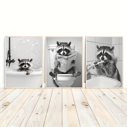 Raccoon portrait canvas posters set minimalistic black and white aesthetic
