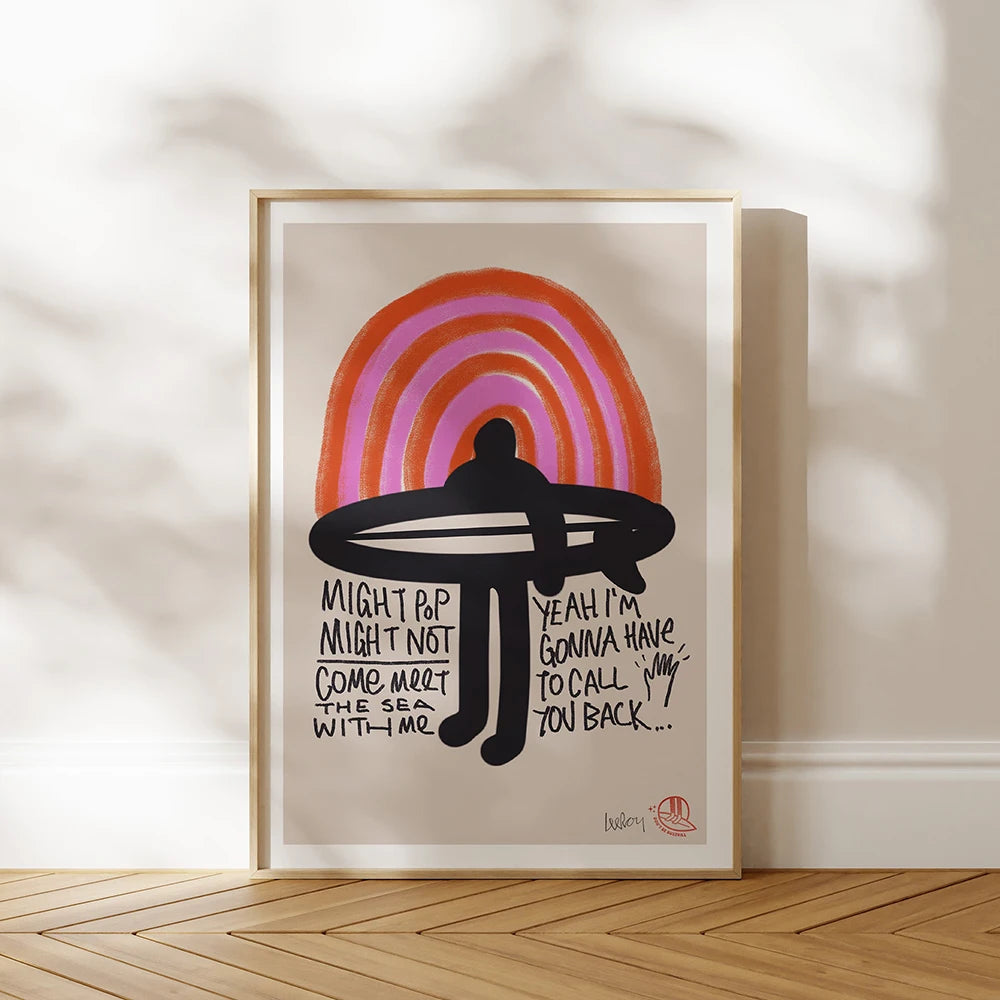 Vintage rainbow surfer poster with beach vibes and abstract art

