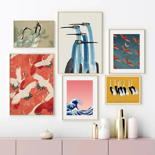 Red crane and blue heron canvas painting for coastal wall decor

