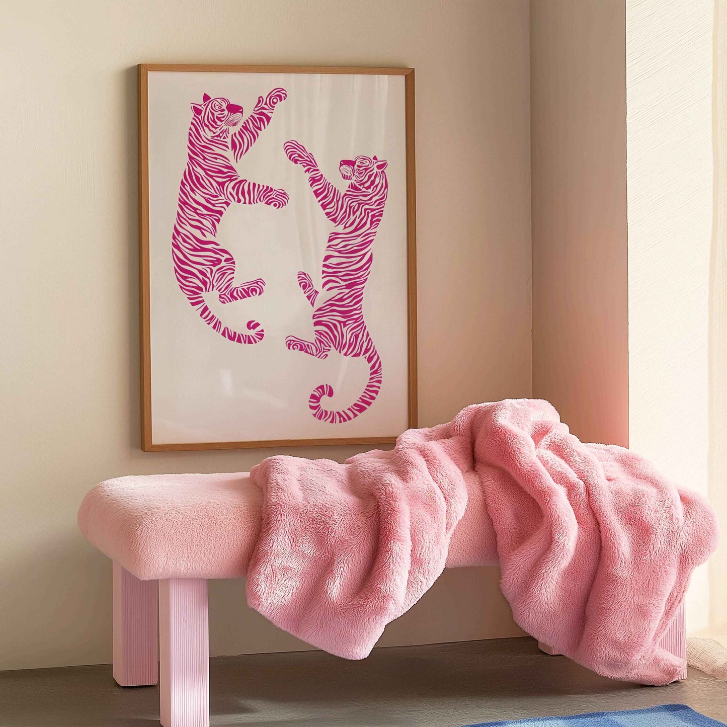 Retro pink tiger art for unique wall decoration, dynamic animal prints, and contemporary living room decor.	