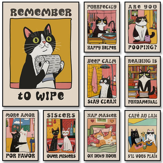 Retro cat chef kitchen wall art canvas print for home decor


