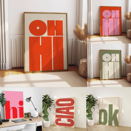 Retro OH HI and CAIO canvas wall art poster in bold font