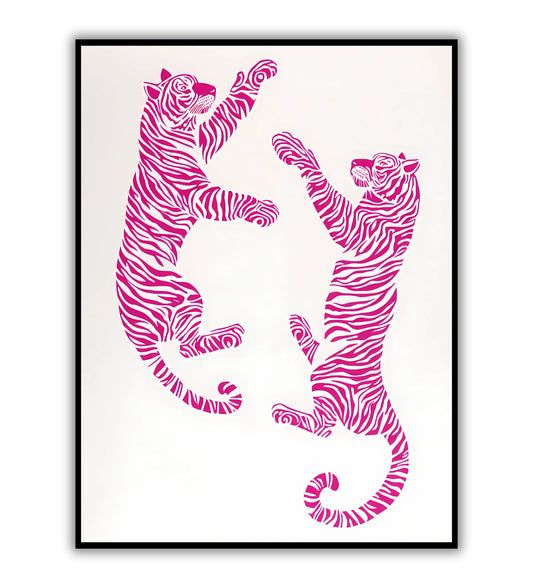 Retro pink tigers poster for bold animal wall art, vibrant home decor, and unique living room prints.