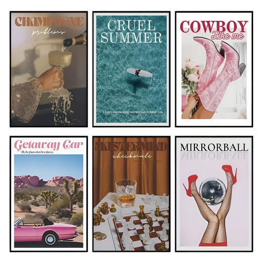 Set of 6 aesthetic wall art prints featuring retro elements for unique home decor