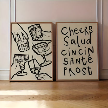 Retro wine-themed wall art set with cheers typography for living room decor
