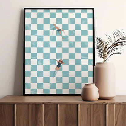 Modern retro poolside poster with people and checkerboard design

