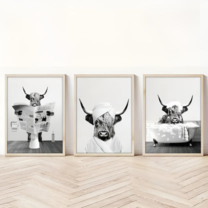 Charming Highland cow canvas prints for modern farmhouse living room and bathroom design
