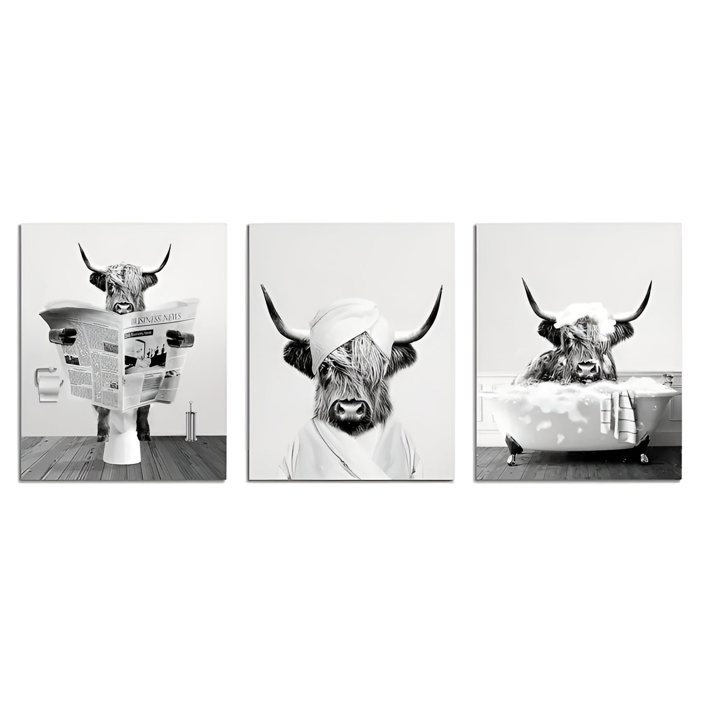 Rustic farmhouse Highland cow wall art set for living room in black and white canvas print
