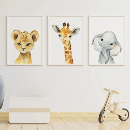 Set of 3 baby animal prints for jungle-themed nursery decoration
