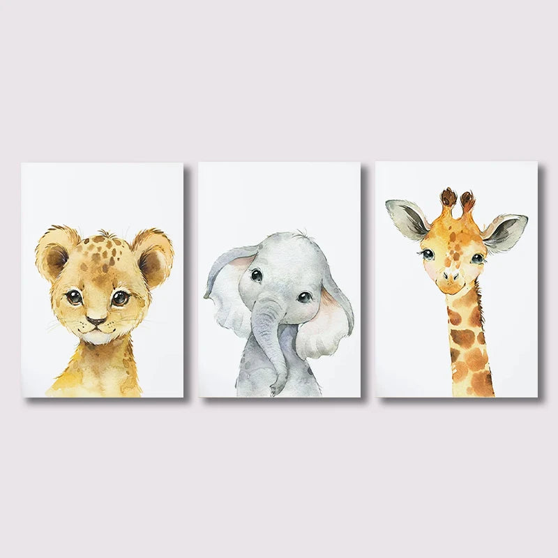 Safari-inspired baby animal wall art for modern nursery decor
