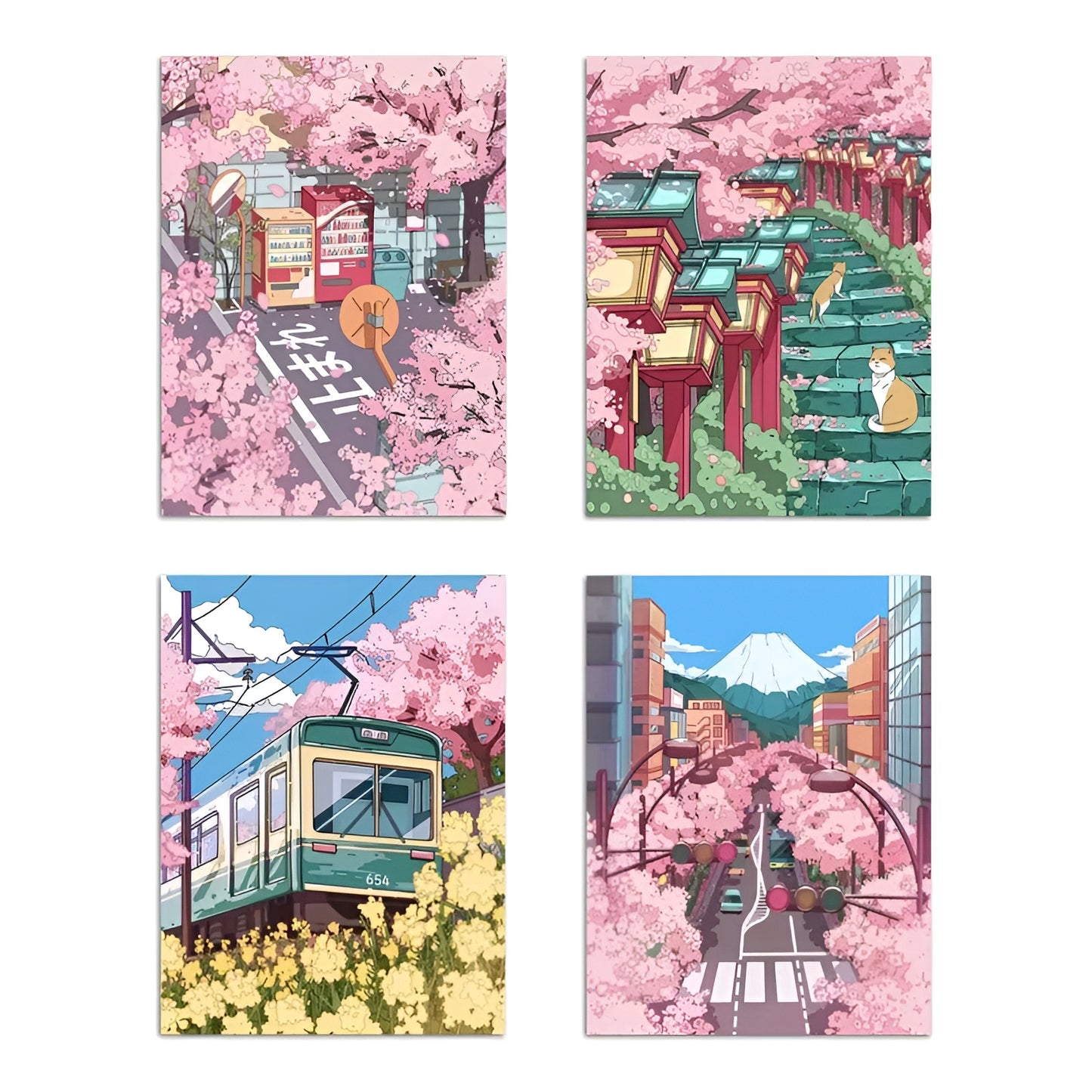 Set of 4 Japanese cherry blossom posters for trendy room aesthetics
