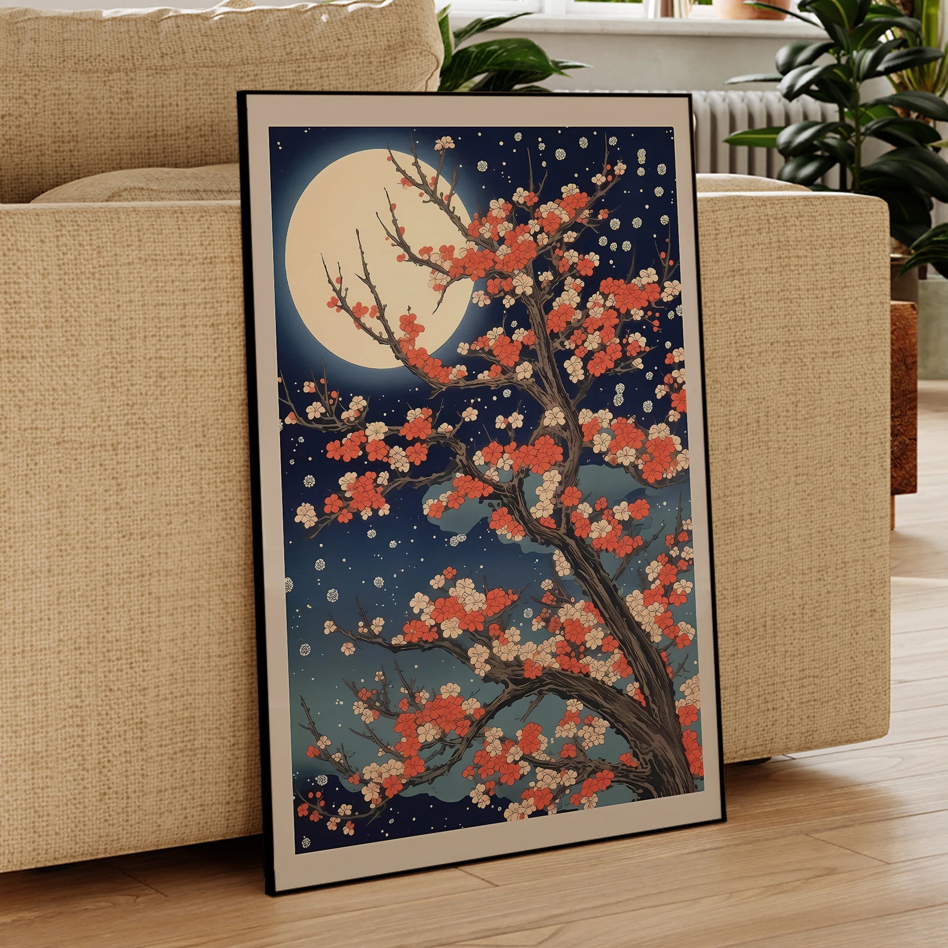 Elegant moonlit sakura tree canvas painting framed print for home interiors

