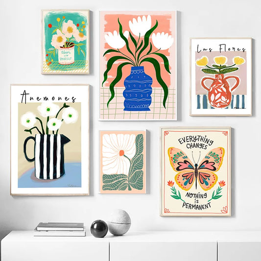 Scandinavian minimalist wall art with colorful abstract anemone shapes