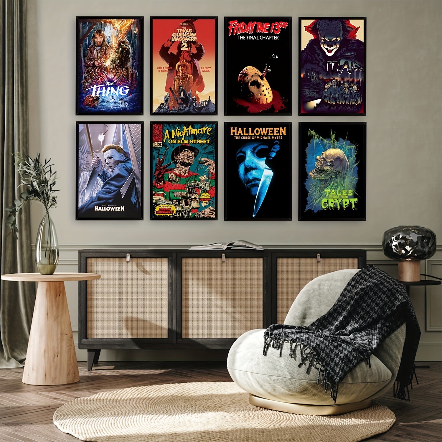 Halloween-themed vintage horror prints for living room decor
