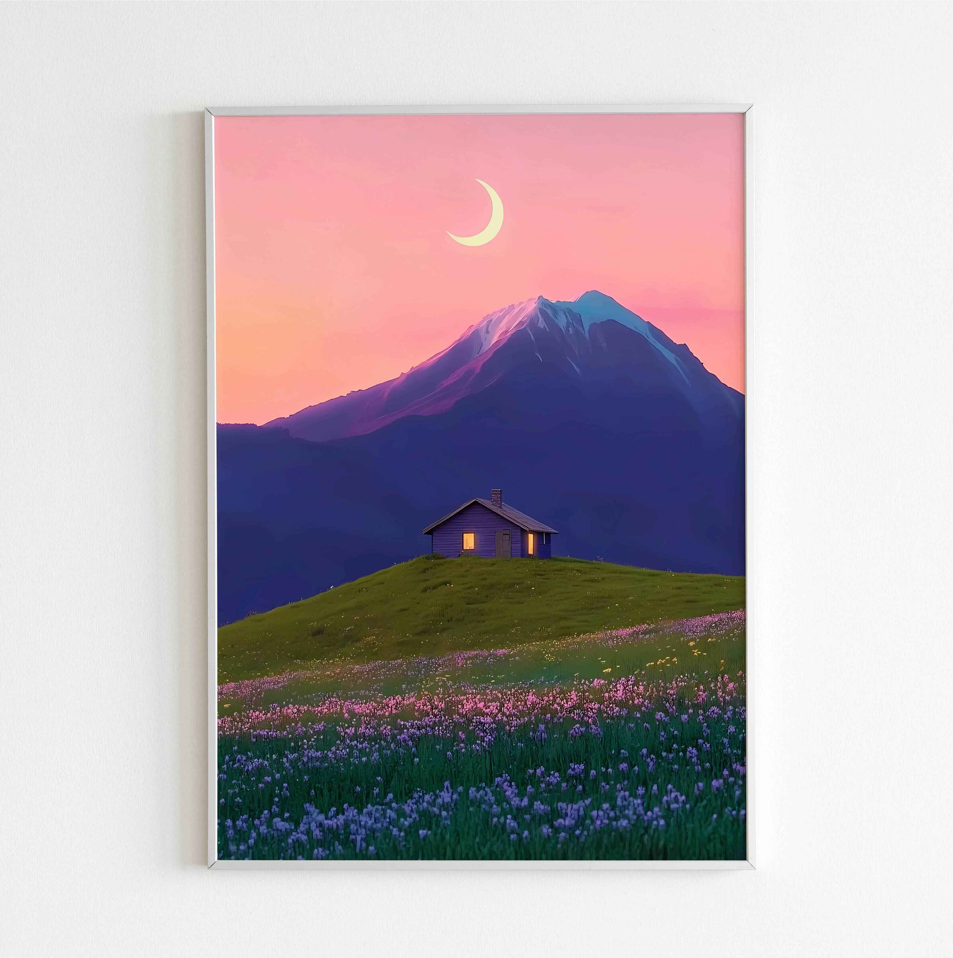 Scenic hilltop home wall art with lush greenery, perfect for nature-inspired decor
