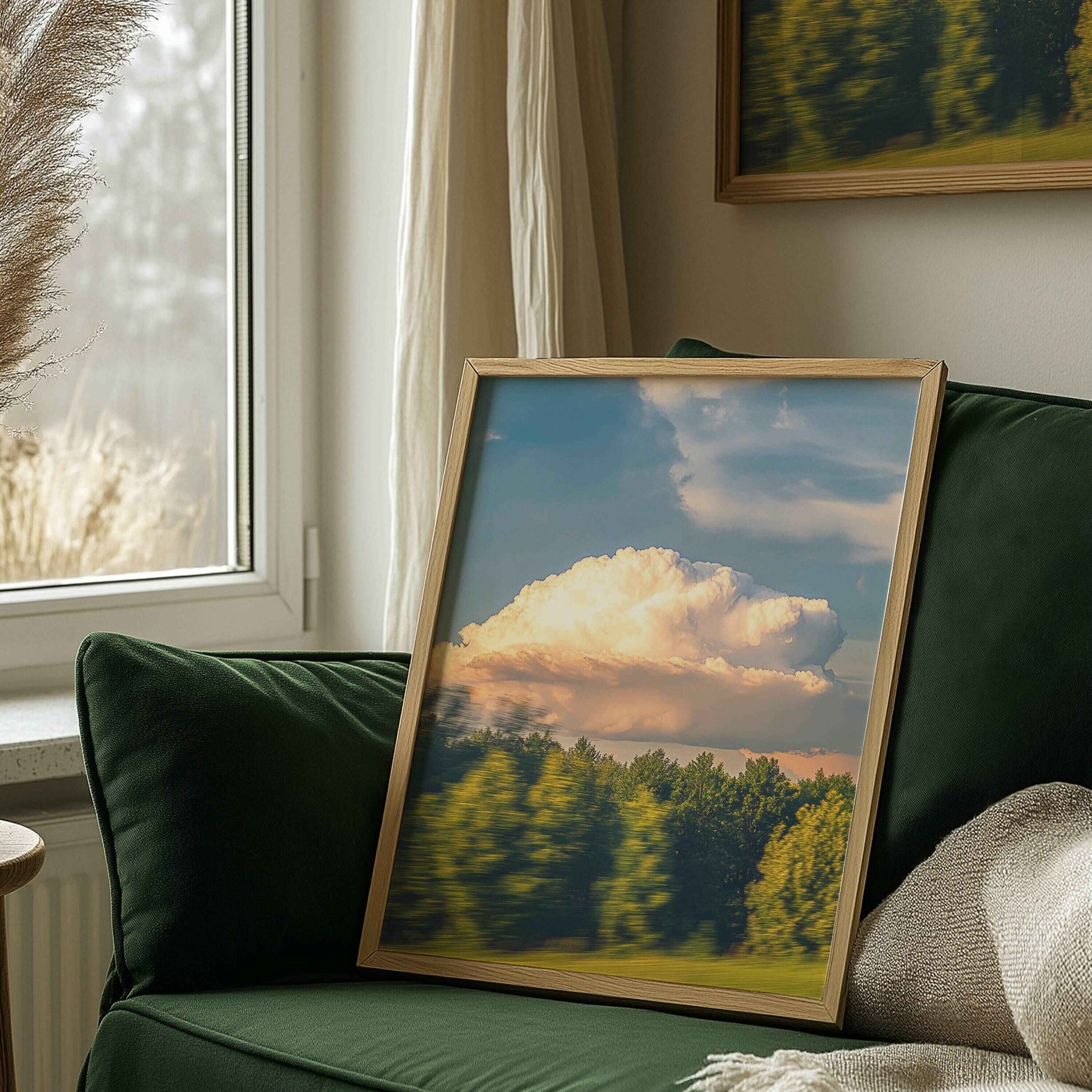 Vibrant golden cloud art print for dynamic living room decor, dramatic sky wall art, and bold room decoration.	