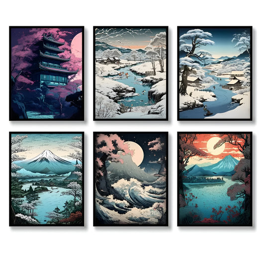 Vintage Japanese canvas prints set with Ukiyoe-style landscape illustrations for modern homes
