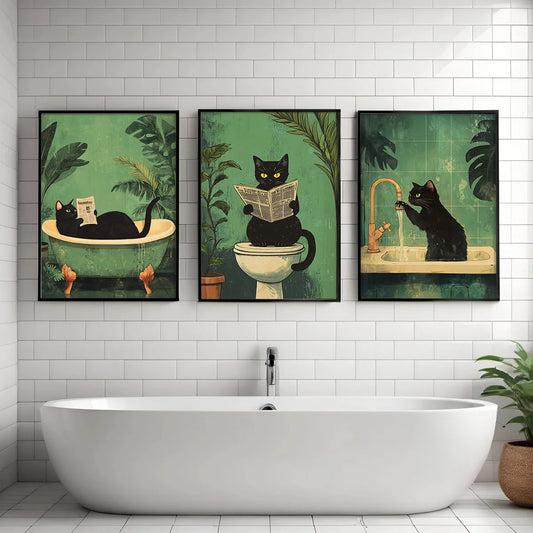 Set of 3 funny black cat bathroom canvas prints