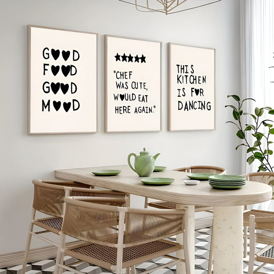 Set of 3 contemporary cooking-themed kitchen art prints for modern dining room walls.