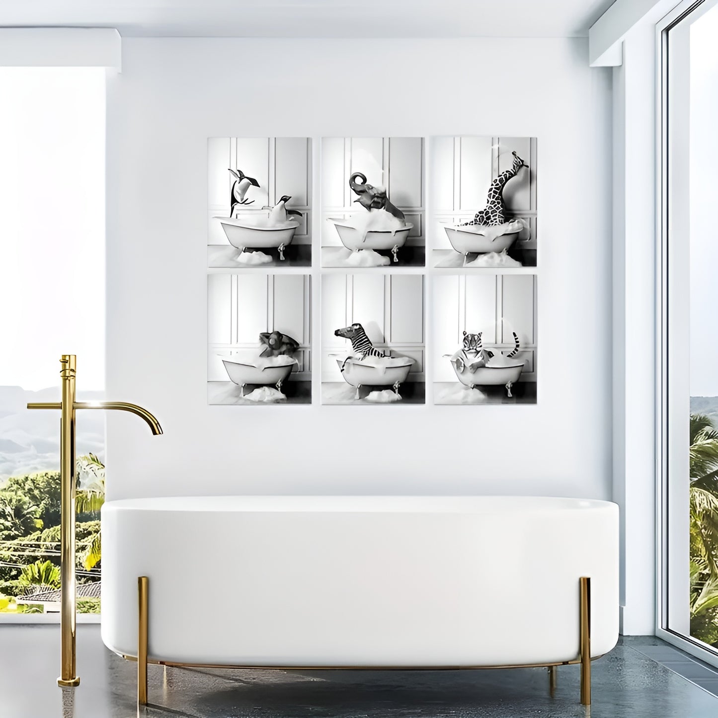 Set of six black and white animal canvas art for quirky and modern living rooms
