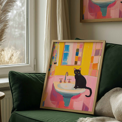 Fun cat-themed print for vibrant spaces.	