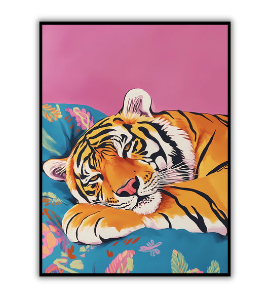 Sleepy tiger poster for animal lovers, peaceful wildlife art, and calm home decor.