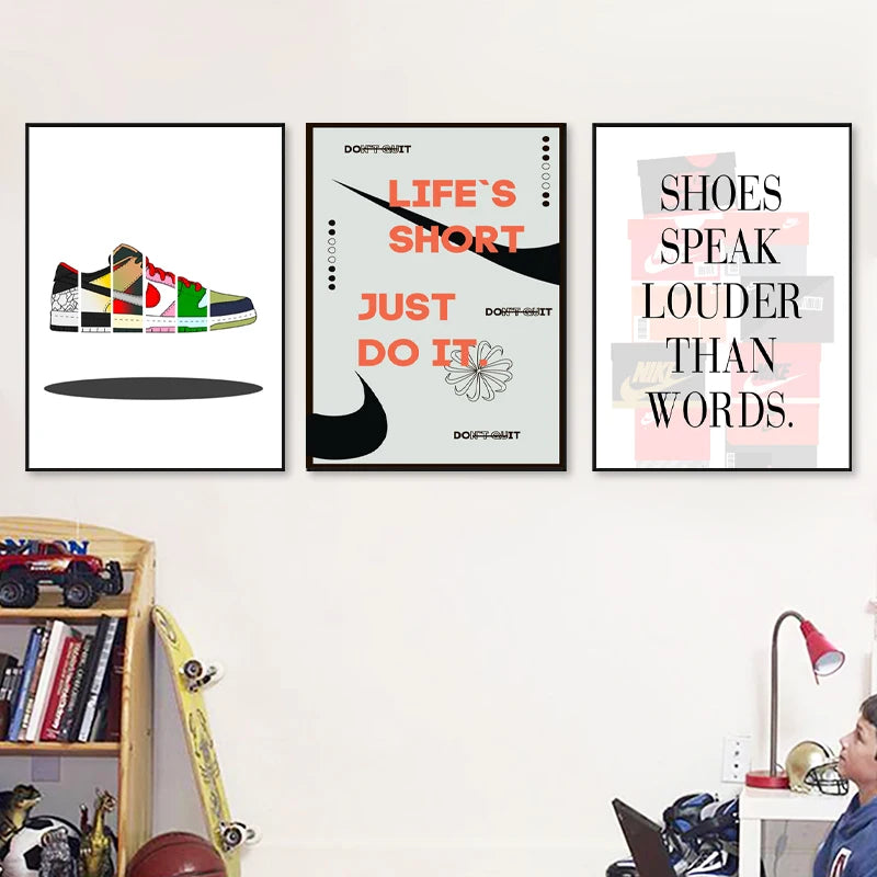 Sneaker box wall art canvas poster with modern fashion quote for boys room decor

