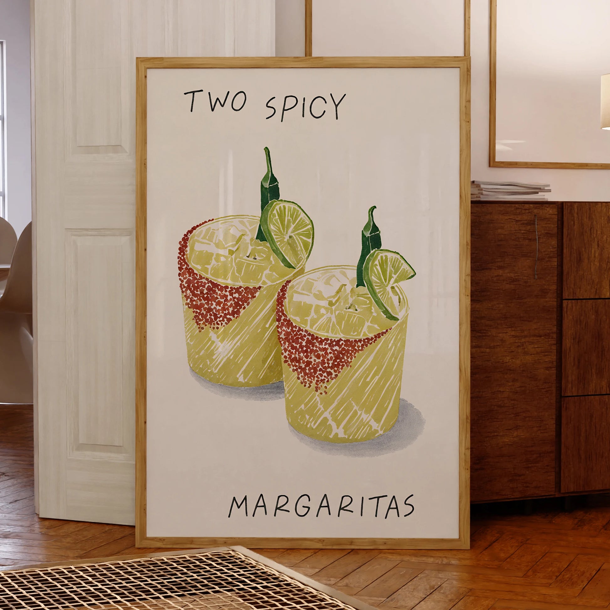 Modern cocktail wall art print featuring two spicy margaritas

