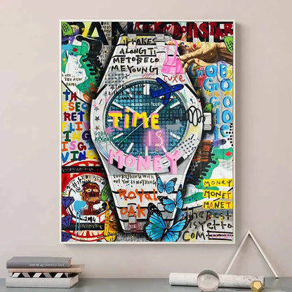 Graffiti-style time is money watch print for urban home interiors
