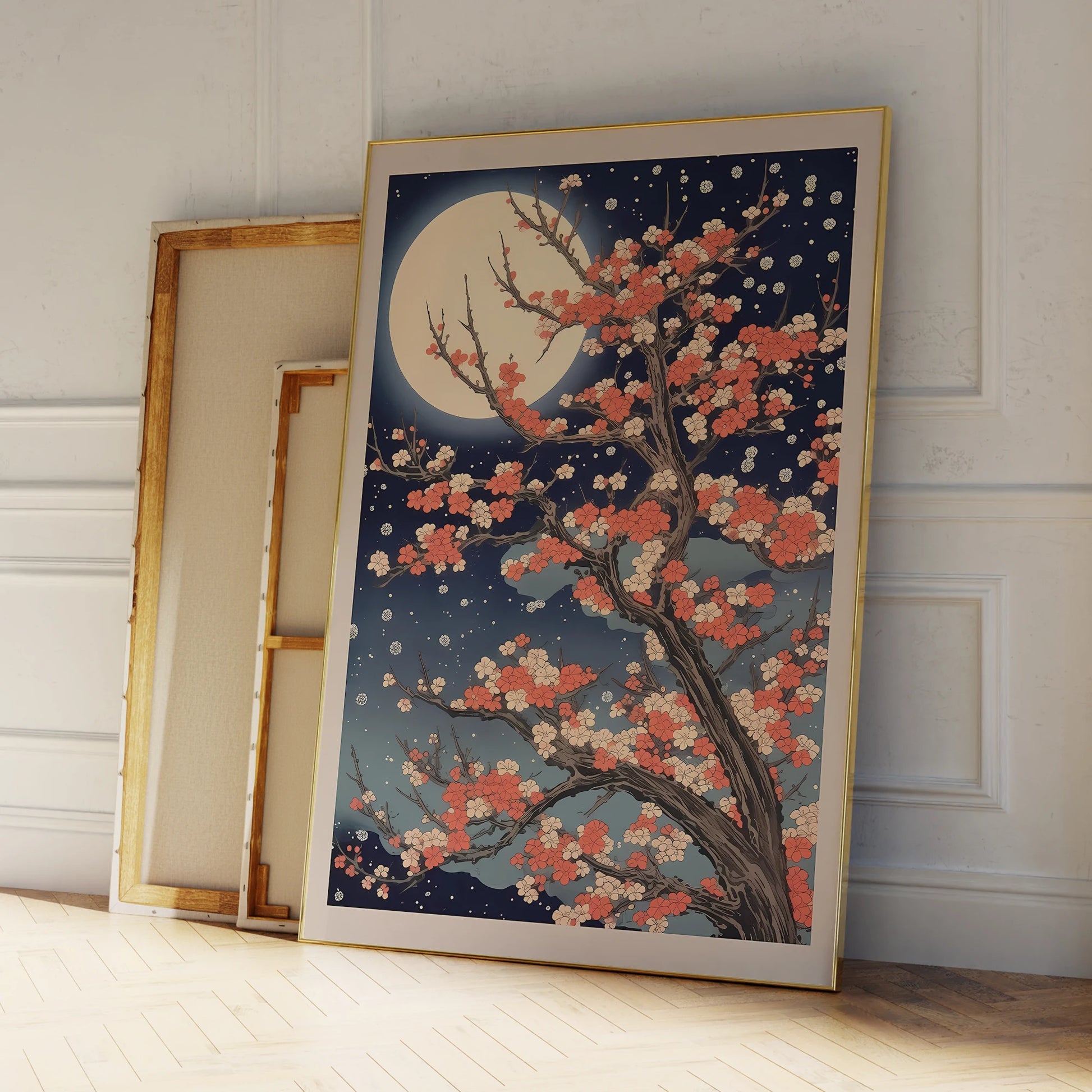 Stylish modern sakura tree wall decor with moonlight effect in aluminum frame

