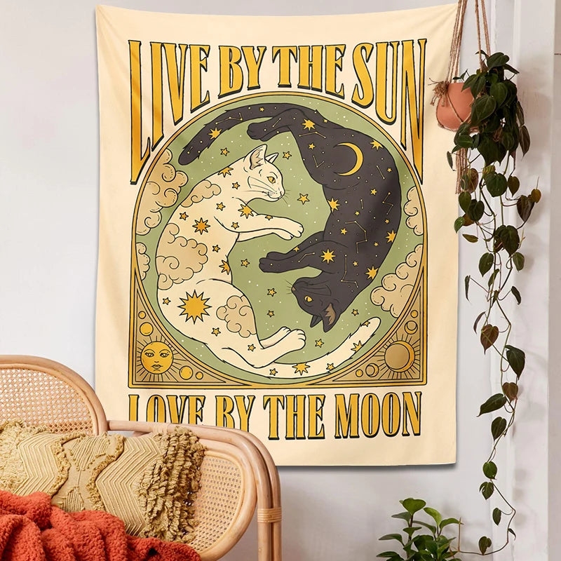 Sun and moon cat tapestry for boho living room decor


