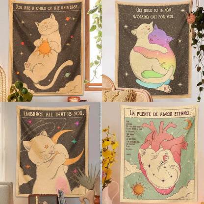 Sun and moon tarot cat tapestry wall hanging for bohemian bedroom decor

