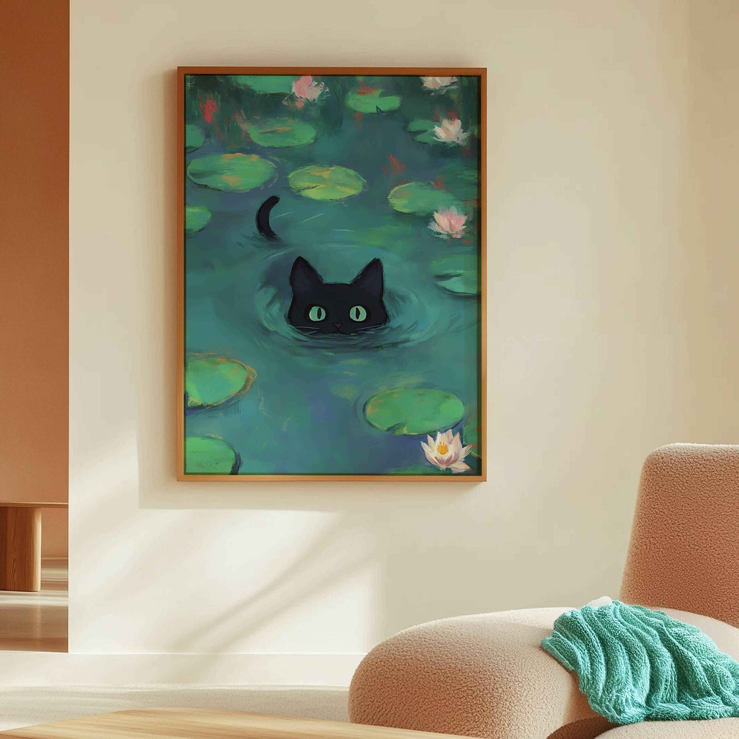 Beautiful Monet’s Swimming Cat poster for artistic spaces.	