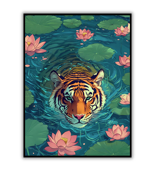 Swimming tiger poster for wildlife lovers, aquatic animal art, and bold home decor.	