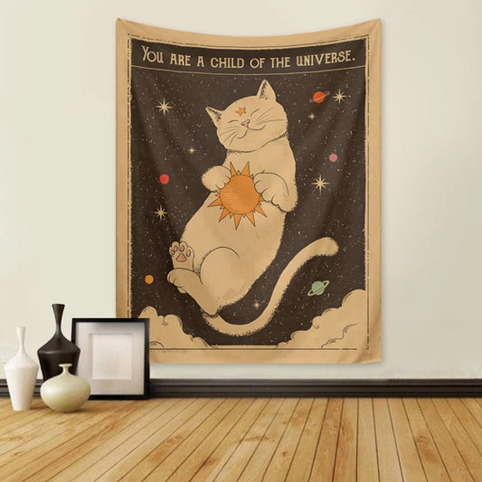 Tarot cat tapestry with moon phases and starry sky design


