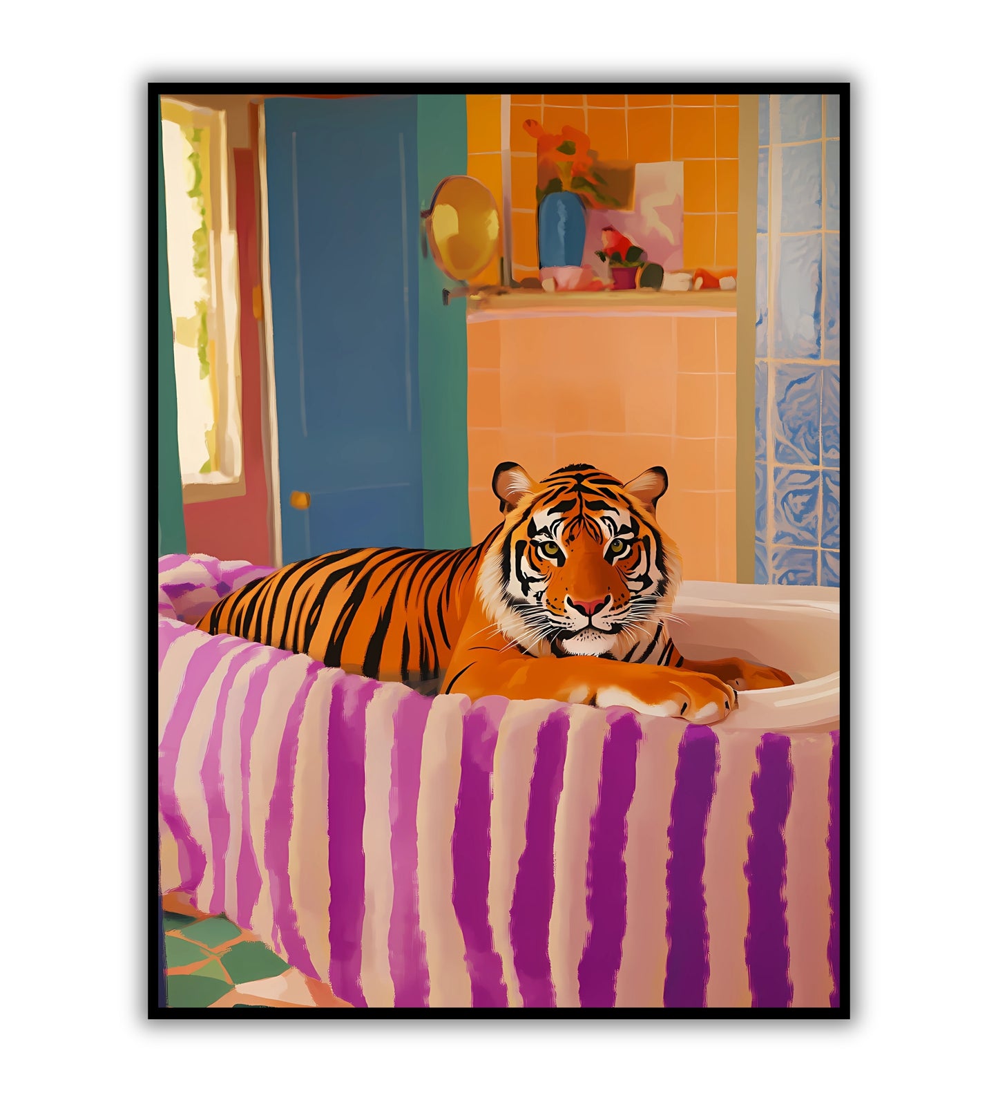 Tiger’s bath poster for wildlife wall art, exotic animal prints, and nature-inspired home decor.	